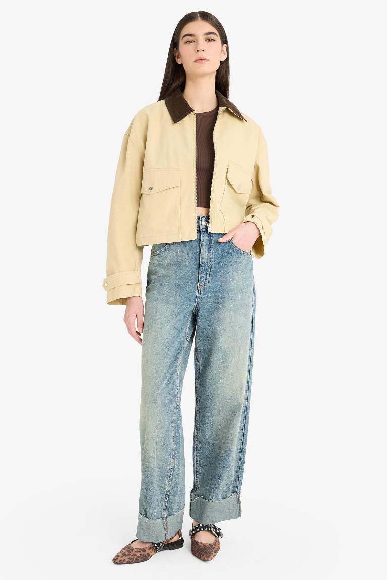 Regular Fit Contrast Collar Zippered Crop Jacket