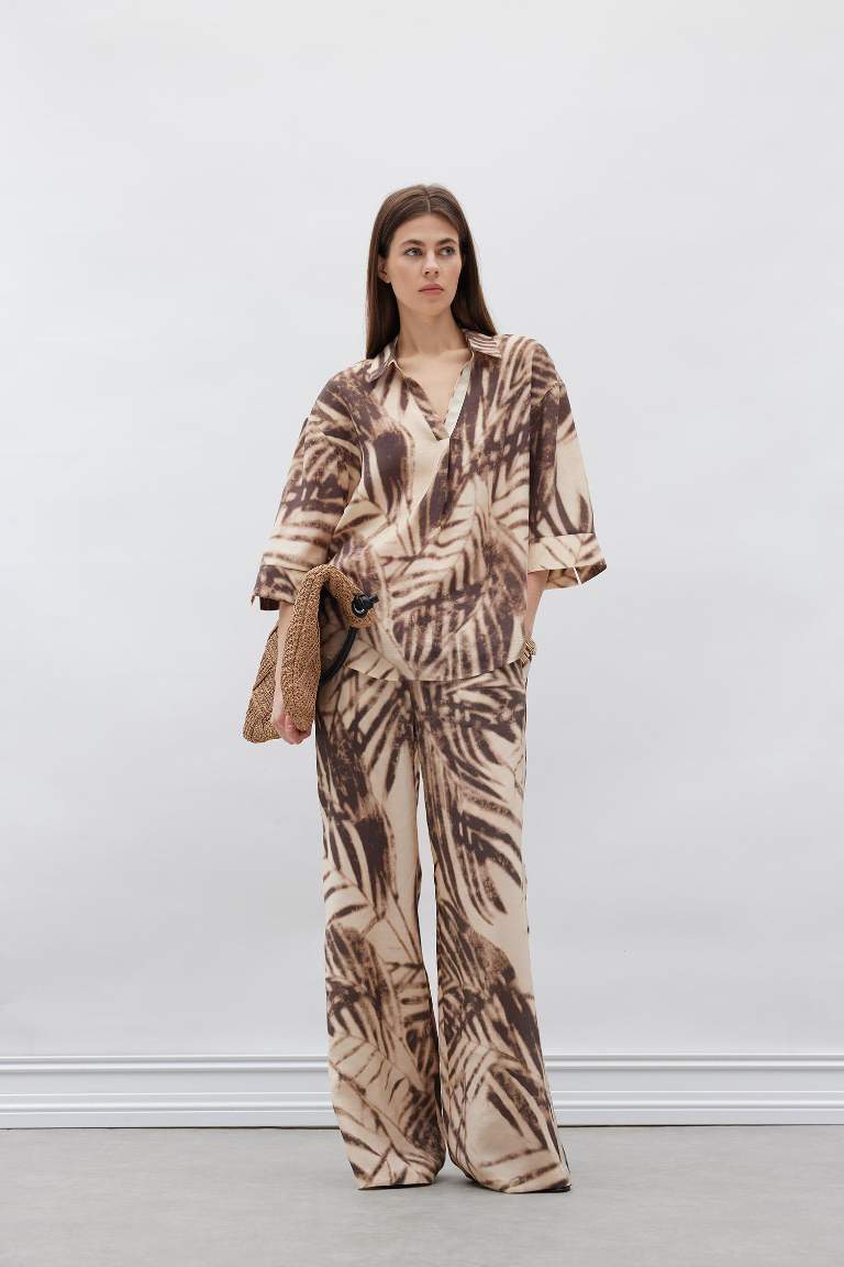 Wide Leg Desenli Modal Kumaş Palazzo Pantolon Yüksek Bel Düz Geniş Paça