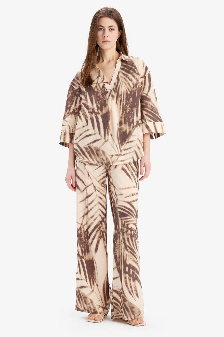 Wide Leg Desenli Modal Kumaş Palazzo Pantolon Yüksek Bel Düz Geniş Paça