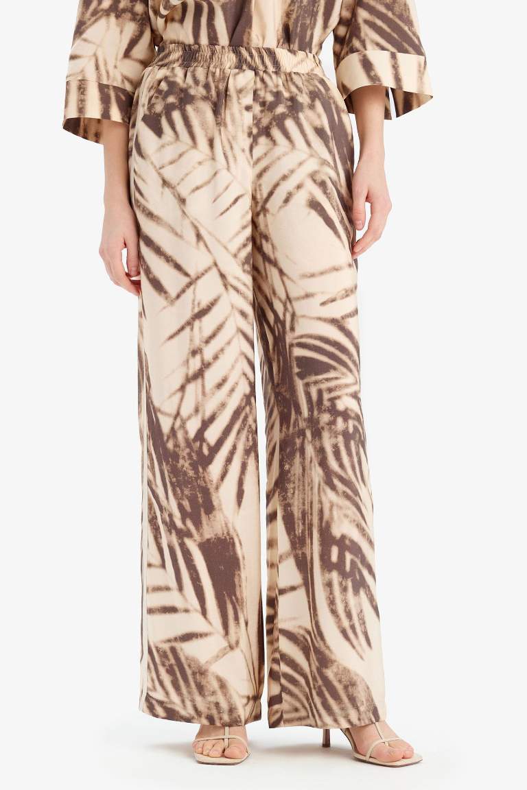 Wide Leg Desenli Modal Kumaş Palazzo Pantolon Yüksek Bel Düz Geniş Paça