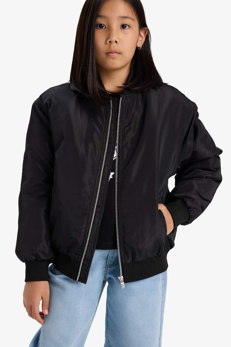 Girl Waterproof College Collar Zippered Bomber Jacket