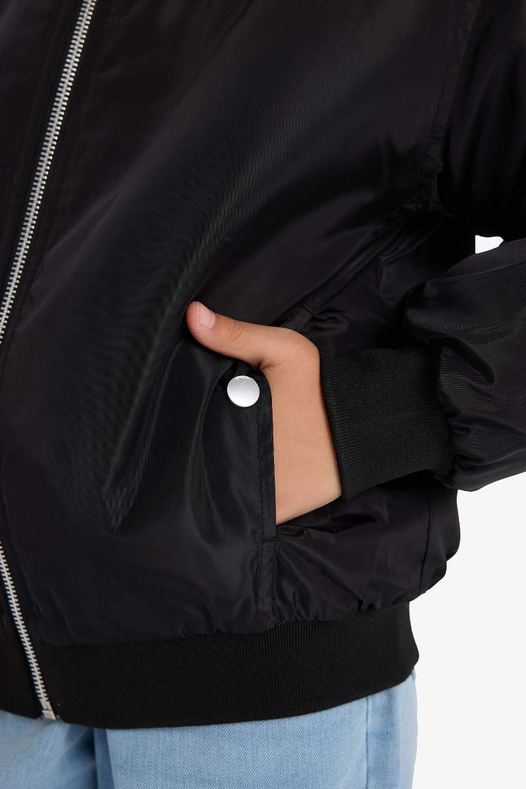 Girl Waterproof College Collar Zippered Bomber Jacket
