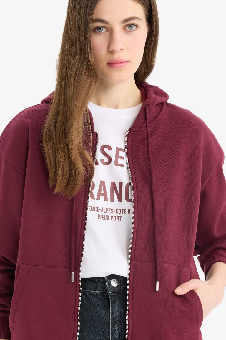 Relax Fit Hooded Basic Thick Sweatshirt Fabric Cardigan