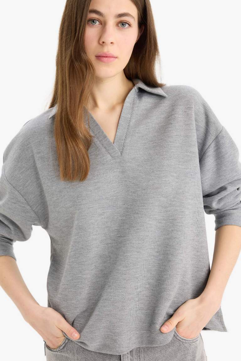 Relax Fit Polo Neck Basic Long Sleeve T-Shirt