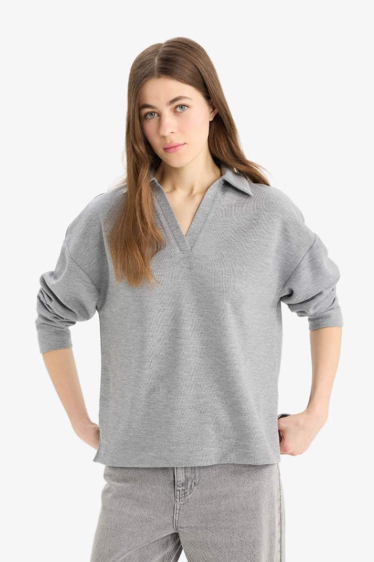 Relax Fit Polo Neck Basic Long Sleeve T-Shirt