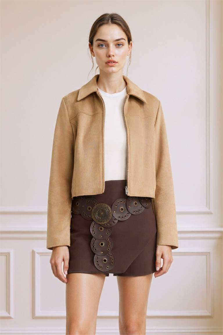 Su Geçirmez Regular Fit Polo Yaka Fermuarlı Süet Ceket Mont