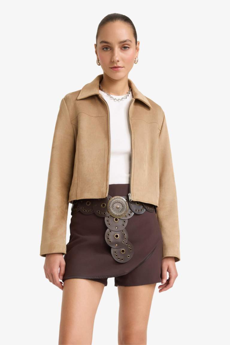 Su Geçirmez Regular Fit Polo Yaka Fermuarlı Süet Ceket Mont