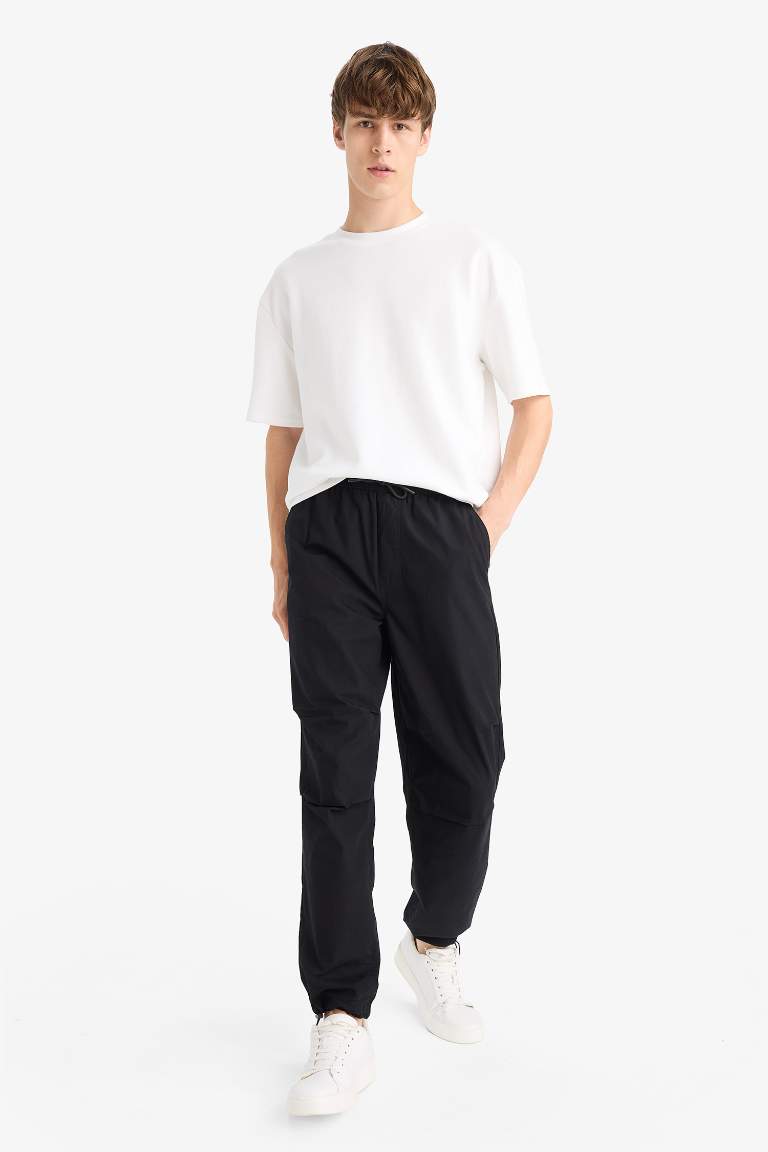 %100 Pamuk Wide Leg Beli Bağcıklı Lastikli Paraşüt Jogger Pantolon