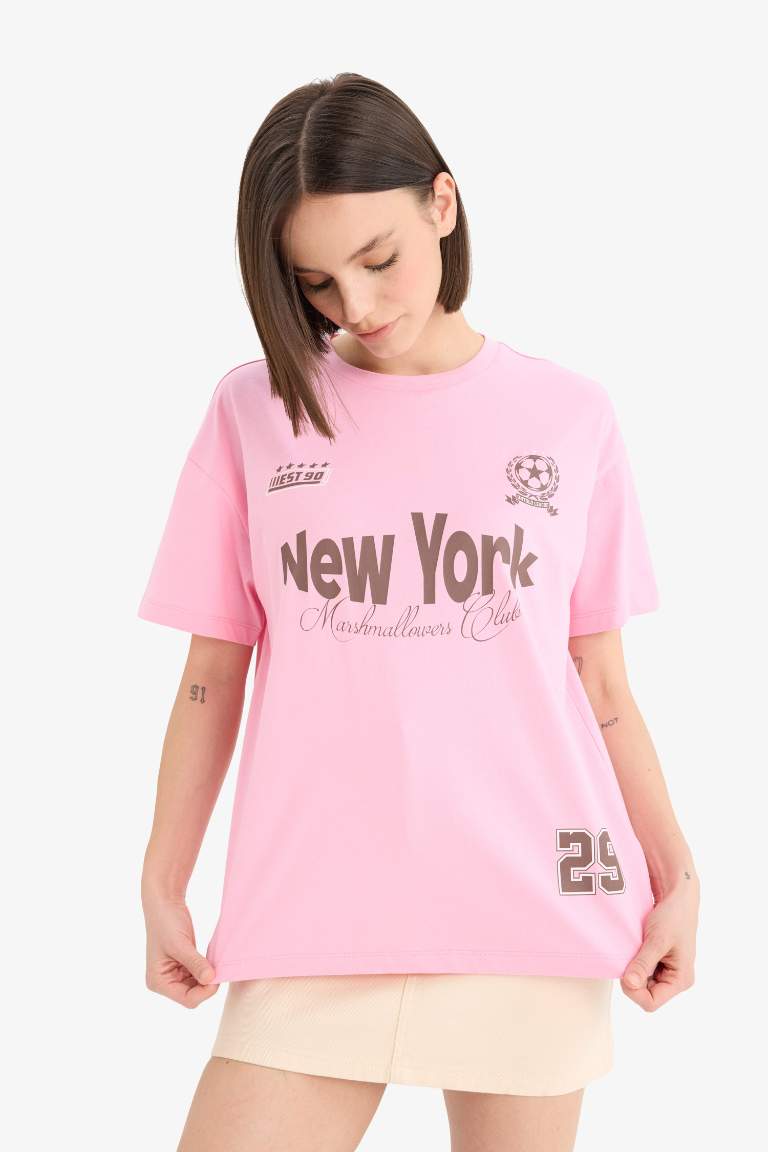 تيشيرت نص كم اوفر سايز وردي مطبوع