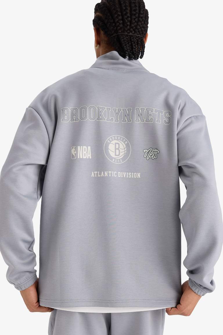 Толстовка DeFactoFit NBA Brooklyn Nets Boxy Fit с воротником-стойкой из дайвинг-ткани Scuba