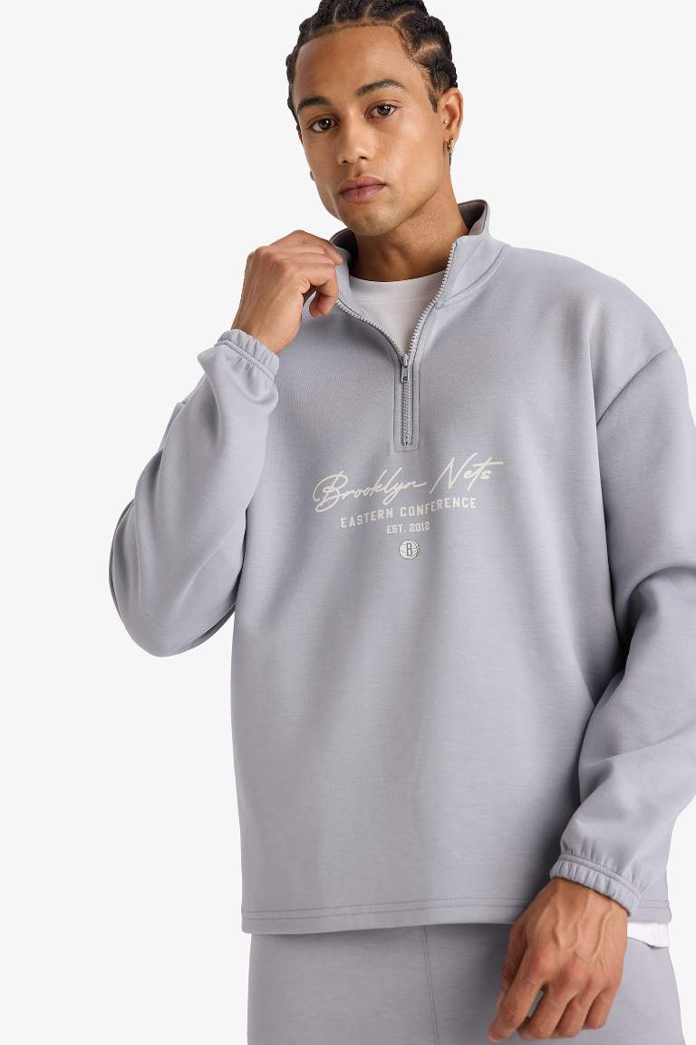Толстовка DeFactoFit NBA Brooklyn Nets Boxy Fit с воротником-стойкой из дайвинг-ткани Scuba