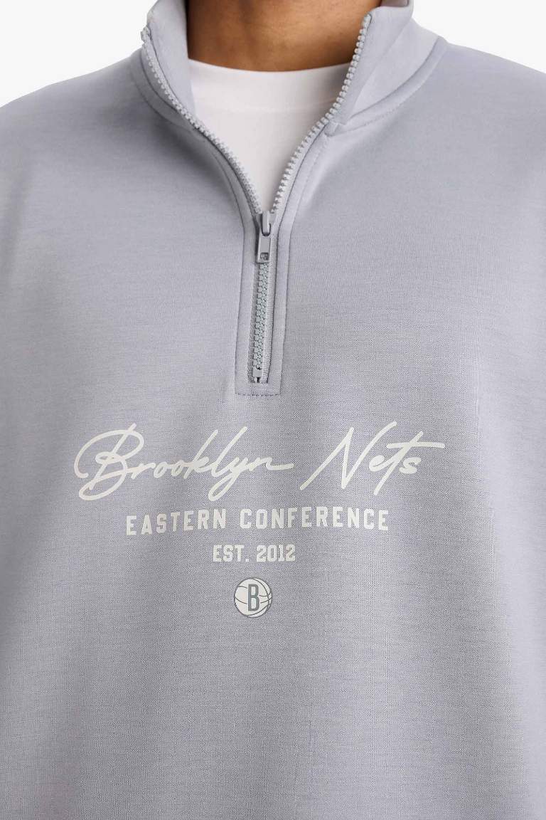 Толстовка DeFactoFit NBA Brooklyn Nets Boxy Fit с воротником-стойкой из дайвинг-ткани Scuba