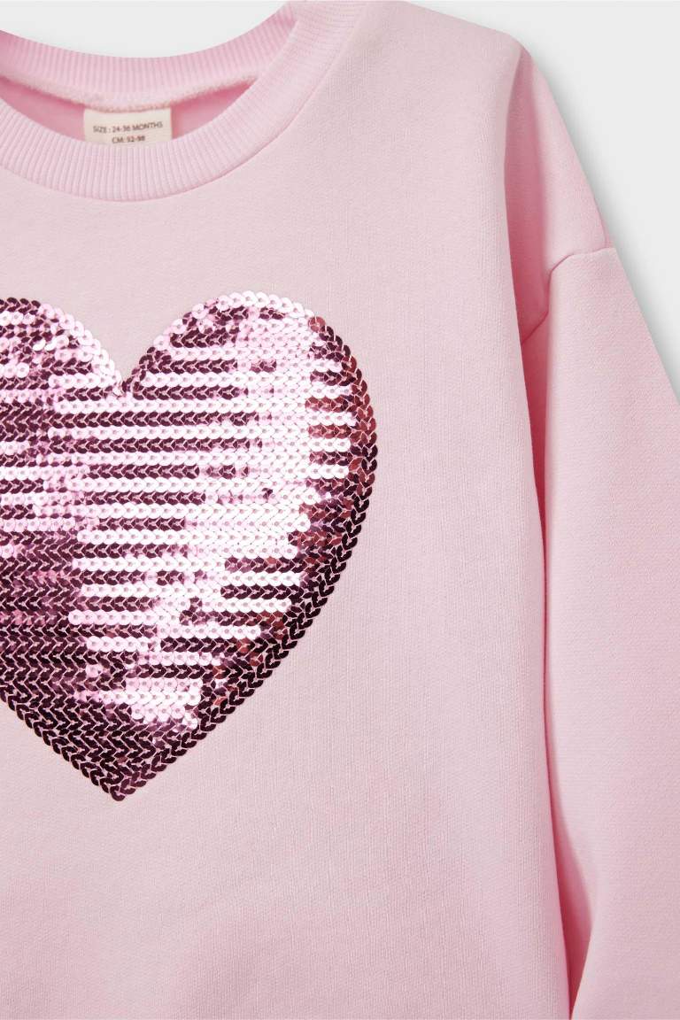 Kız Bebek Bisiklet Yaka Baskılı İçi Yumuşak Tüylü Sweatshirt