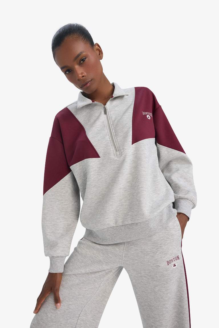 DeFactoFit NBA Boston Celtics Oversize Geniş Kalıp Yarım Fermuarlı Skuba Dalgıç Kumaş Sporcu Sweatshirt