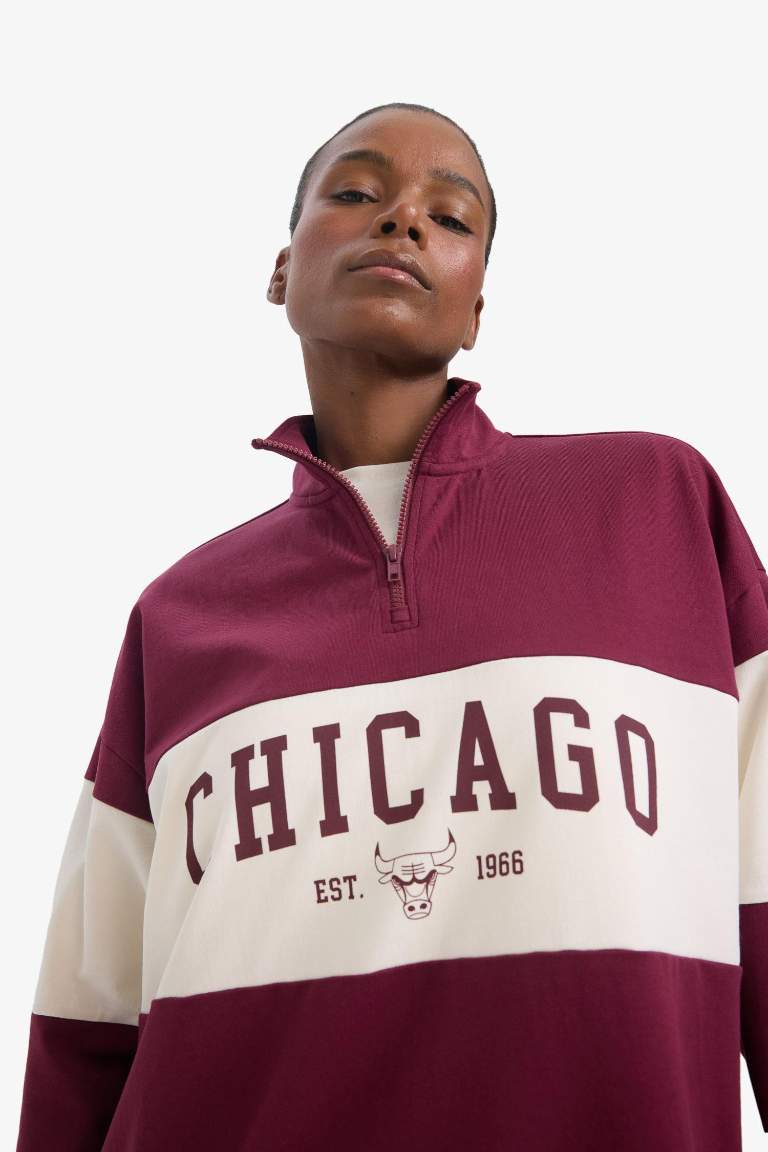 DeFactoFit NBA Chicago Bulls оверсайз с наполовину застёгивающимся спортивным свитшотом