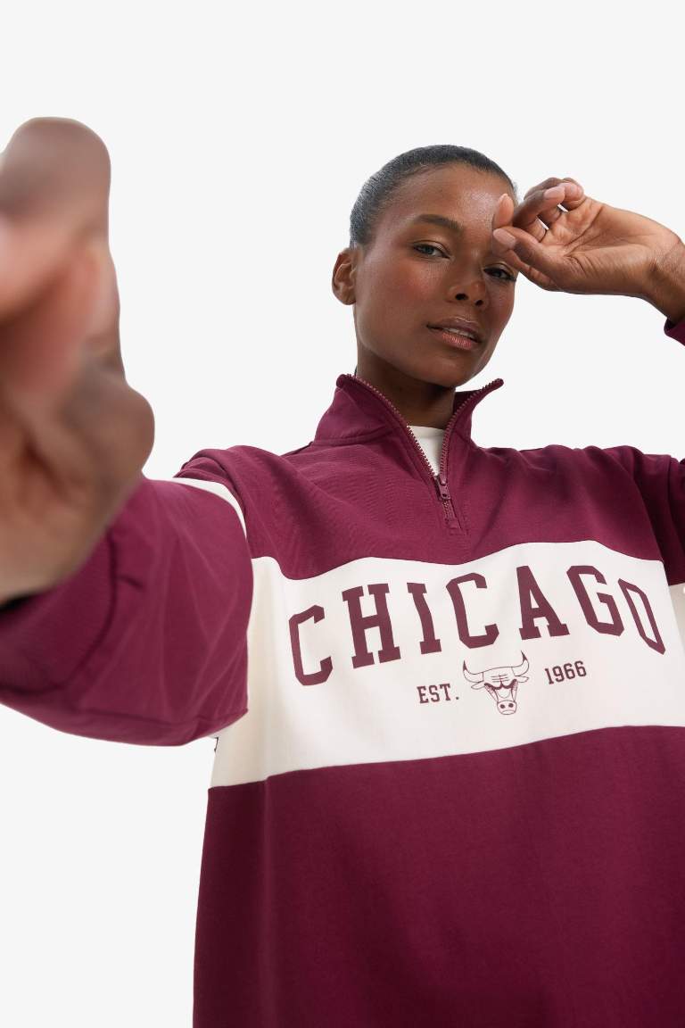 DeFactoFit NBA Chicago Bulls оверсайз с наполовину застёгивающимся спортивным свитшотом