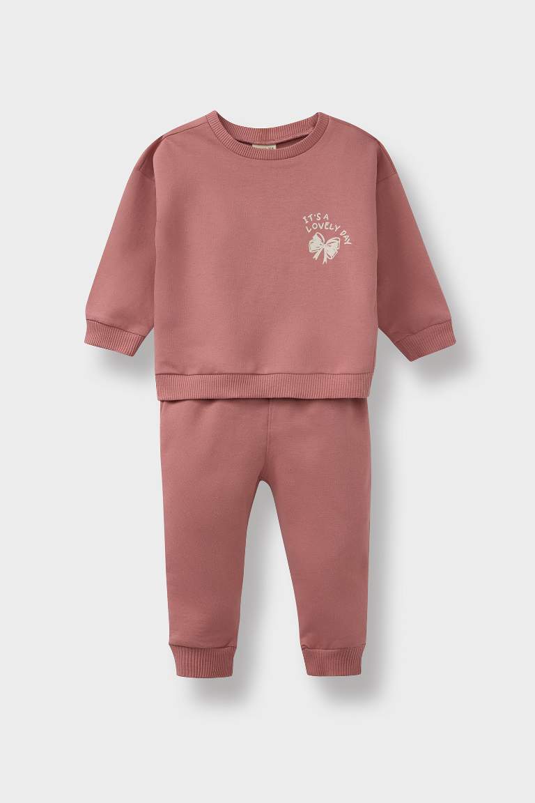 Kız Bebek 2'li Takım Baskılı Sweatshirt Eşofman Altı