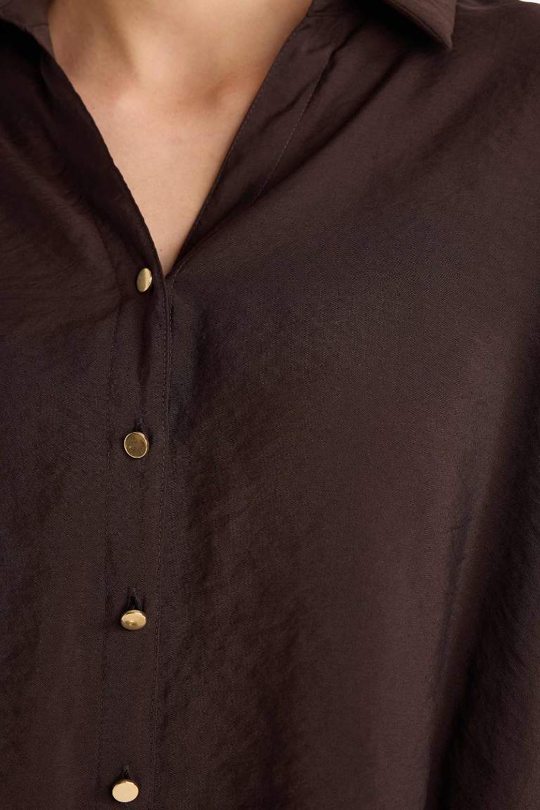 Loose Fit Apaş Yaka Basic Düz Uzun Kollu Gömlek