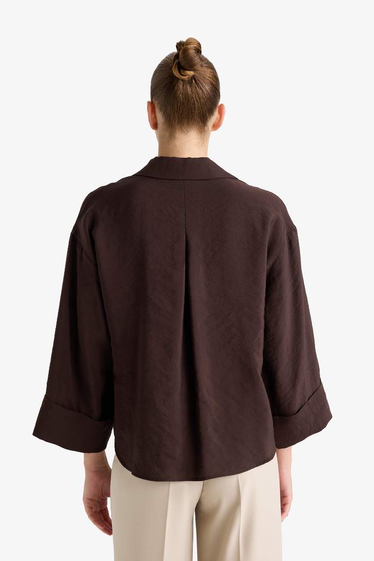 Loose Fit Apaş Yaka Basic Düz Uzun Kollu Gömlek