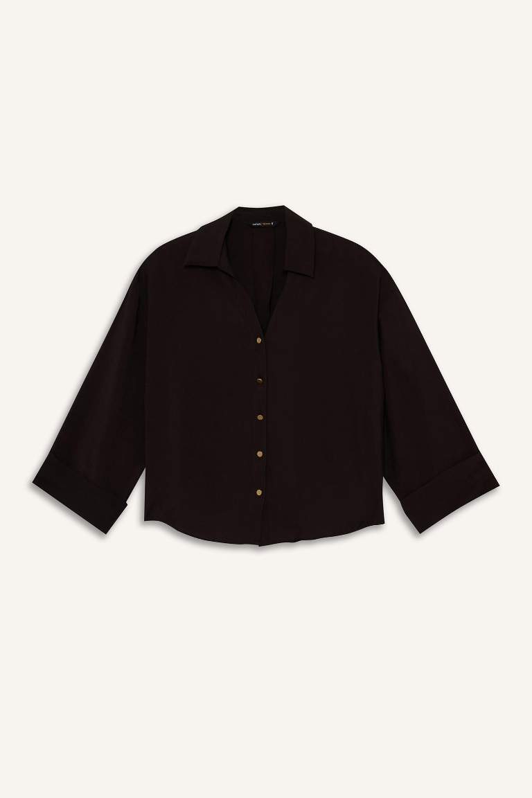 Loose Fit Apaş Yaka Basic Düz Uzun Kollu Gömlek