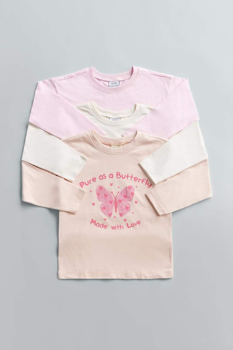 Girl Crew Neck Butterfly Patterned T-Shirt