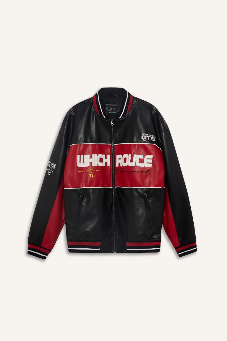 Oversize Fit College Collar Zippered Faux Leather Bomber Jacket