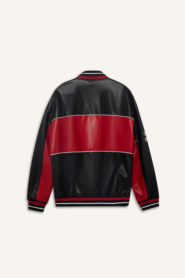 Oversize Fit College Collar Zippered Faux Leather Bomber Jacket
