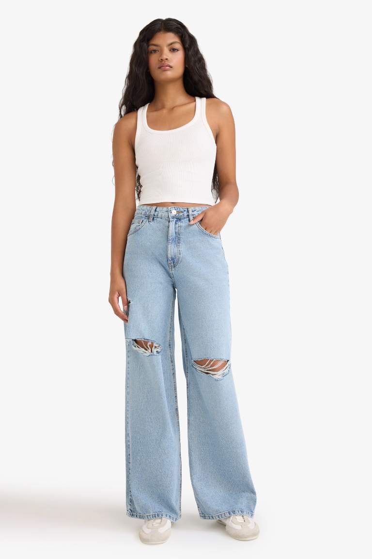 Wide Leg Ripped Detail High Waist Long Jeans
