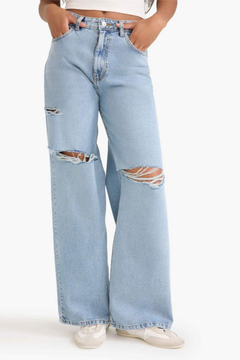 Wide Leg Ripped Detail High Waist Long Jeans