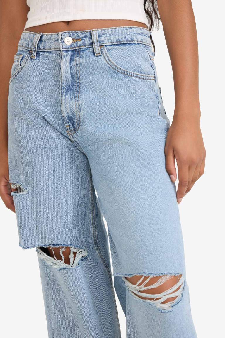 Wide Leg Ripped Detail High Waist Long Jeans