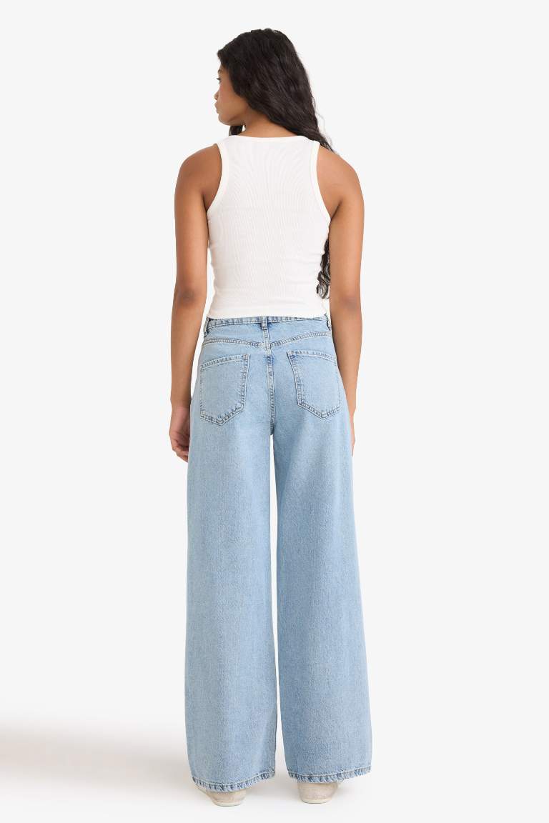Wide Leg Ripped Detail High Waist Long Jeans