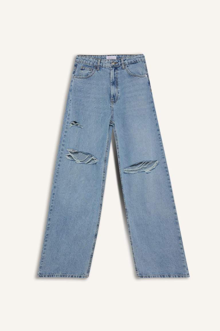 Wide Leg Ripped Detail High Waist Long Jeans