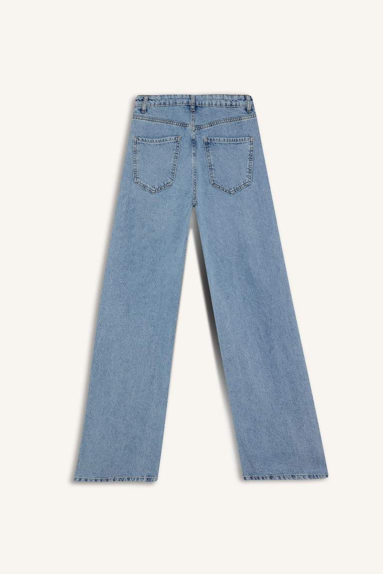 Wide Leg Ripped Detail High Waist Long Jeans