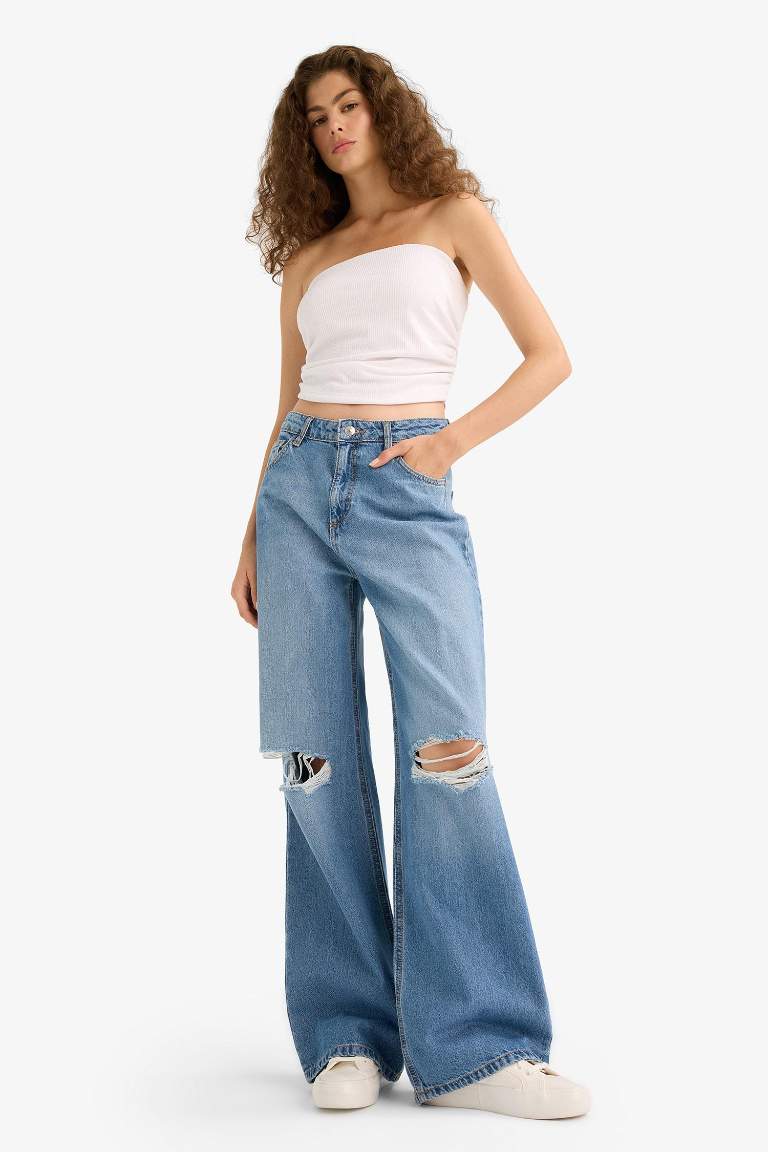 Wide Leg Yırtık Detaylı Yüksek Bel Uzun Jean Yıkamalı Pantolon