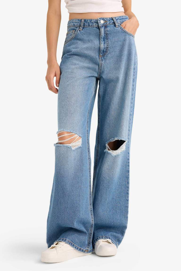 Wide Leg Yırtık Detaylı Yüksek Bel Uzun Jean Yıkamalı Pantolon
