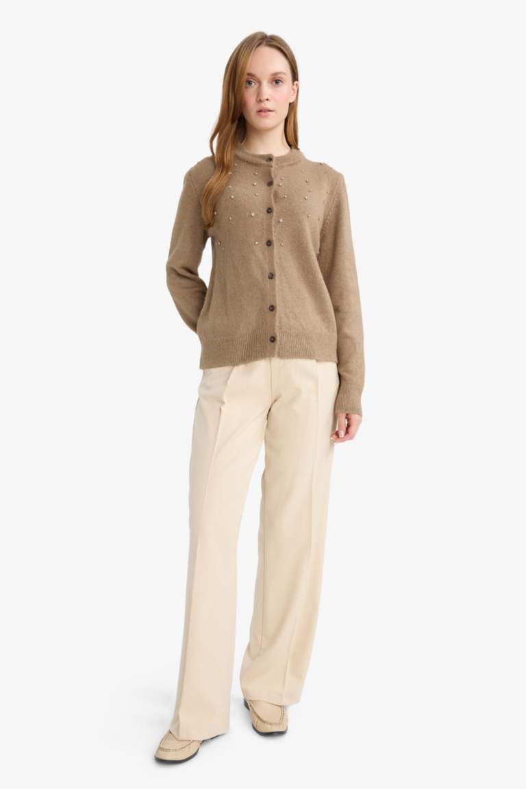 Regular Fit Bisiklet Yaka Düğmeli Taşlı Triko Hırka