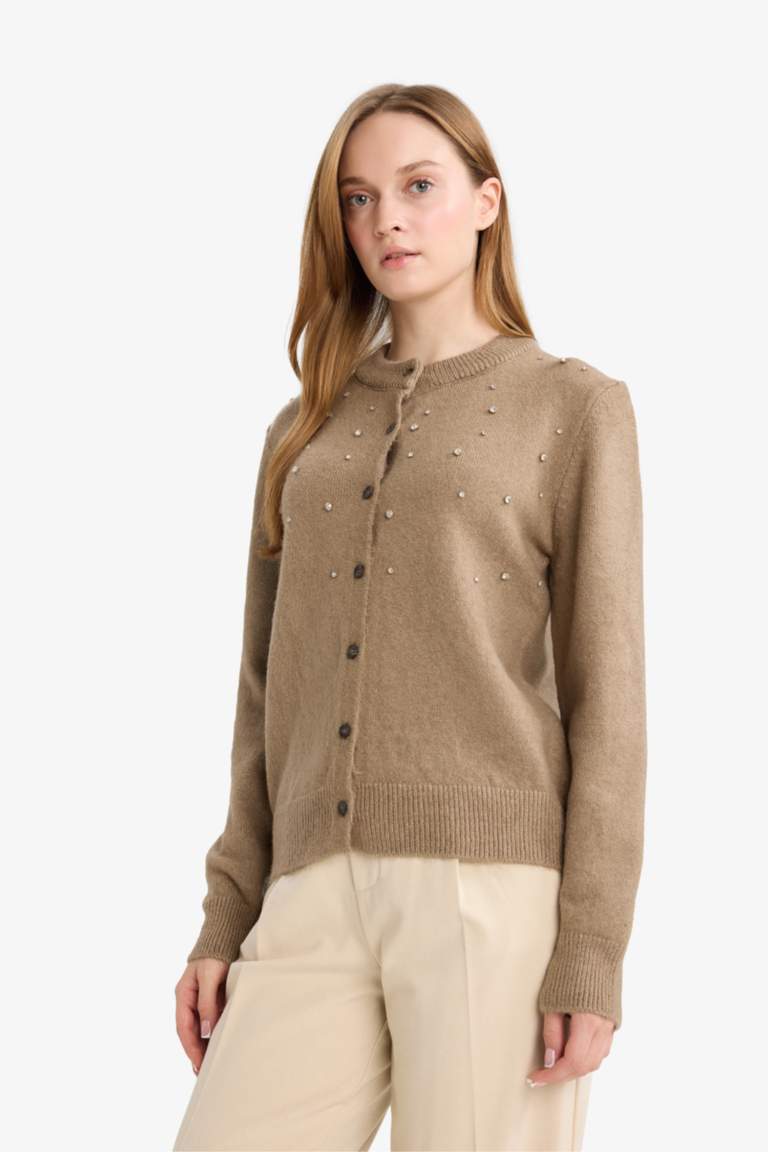 Regular Fit Bisiklet Yaka Düğmeli Taşlı Triko Hırka