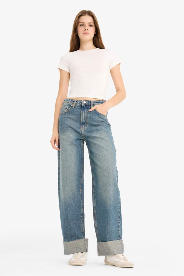 Baggy Fit Yüksek Bel Katlamalı Paça Jean Kar Yıkamalı Pantolon