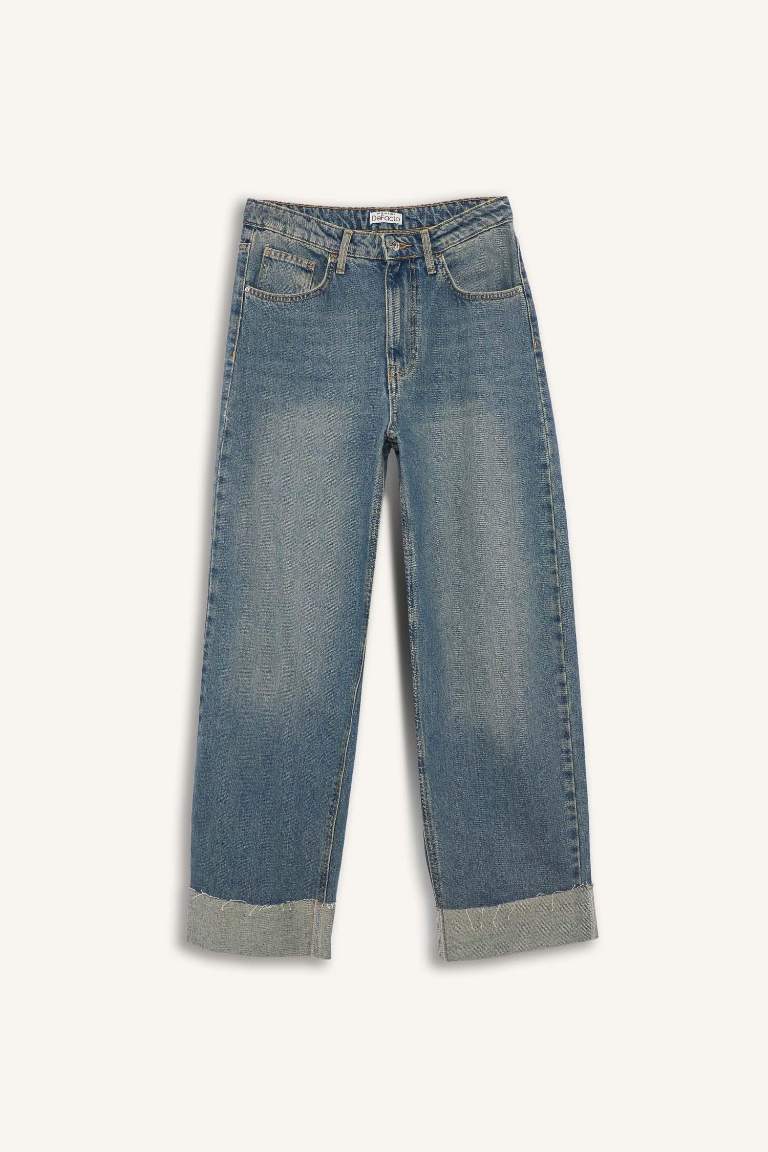 Baggy Fit Yüksek Bel Katlamalı Paça Jean Kar Yıkamalı Pantolon