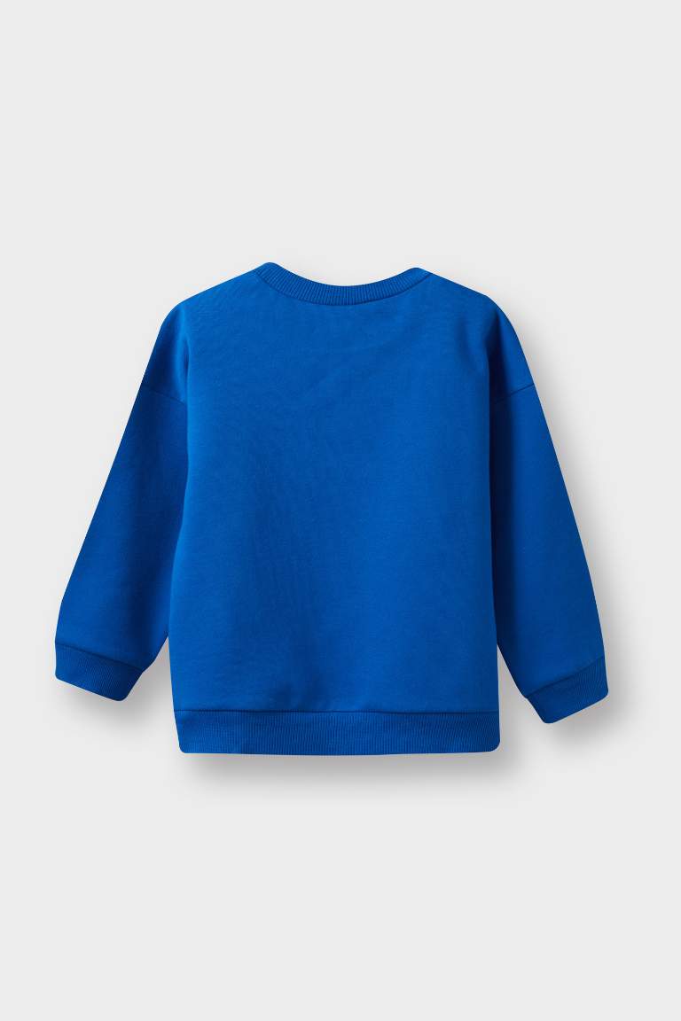 Erkek Bebek Bisiklet Yaka Baskılı İçi Yumuşak Tüylü Sweatshirt