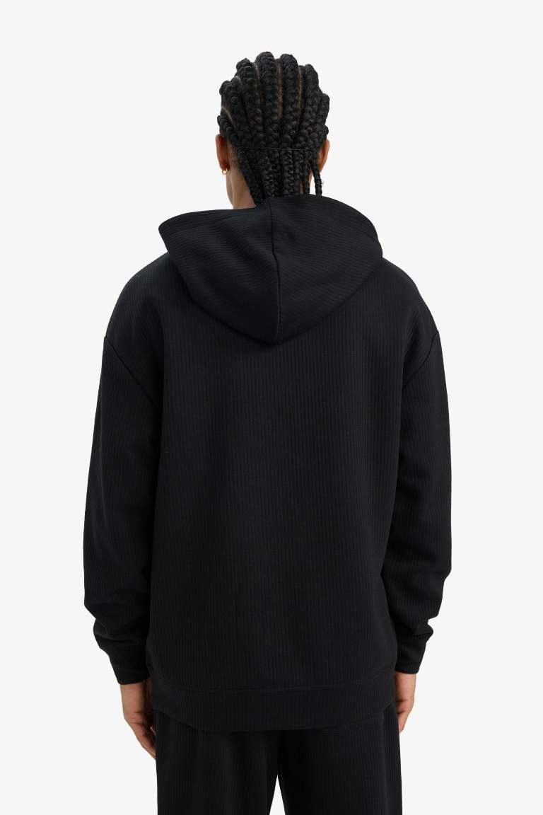 Boxy Fit Kapüşonlu Kanguru Cepli Jakarlı Sweatshirt