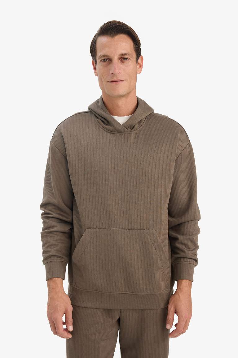 Boxy Fit Kapüşonlu Kanguru Cepli Jakarlı Sweatshirt