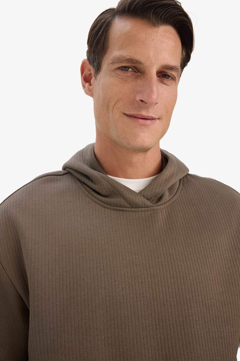 Boxy Fit Kapüşonlu Kanguru Cepli Jakarlı Sweatshirt