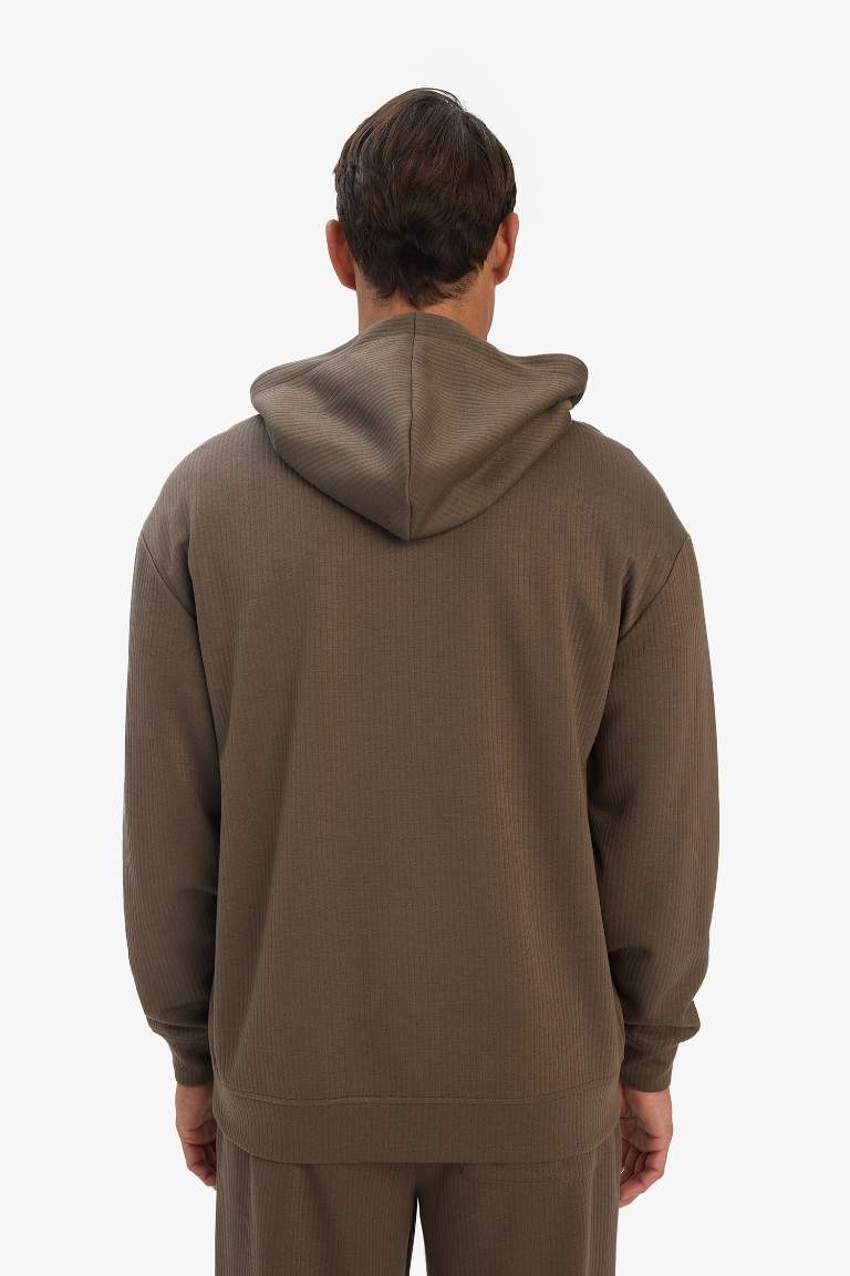 Boxy Fit Kapüşonlu Kanguru Cepli Jakarlı Sweatshirt