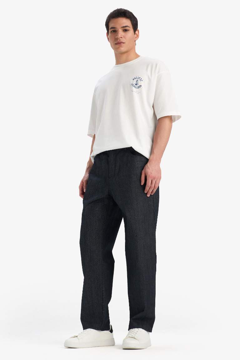%100 Pamuk Straight Fit Yüksek Bel Geniş Paça Jean Pantolon