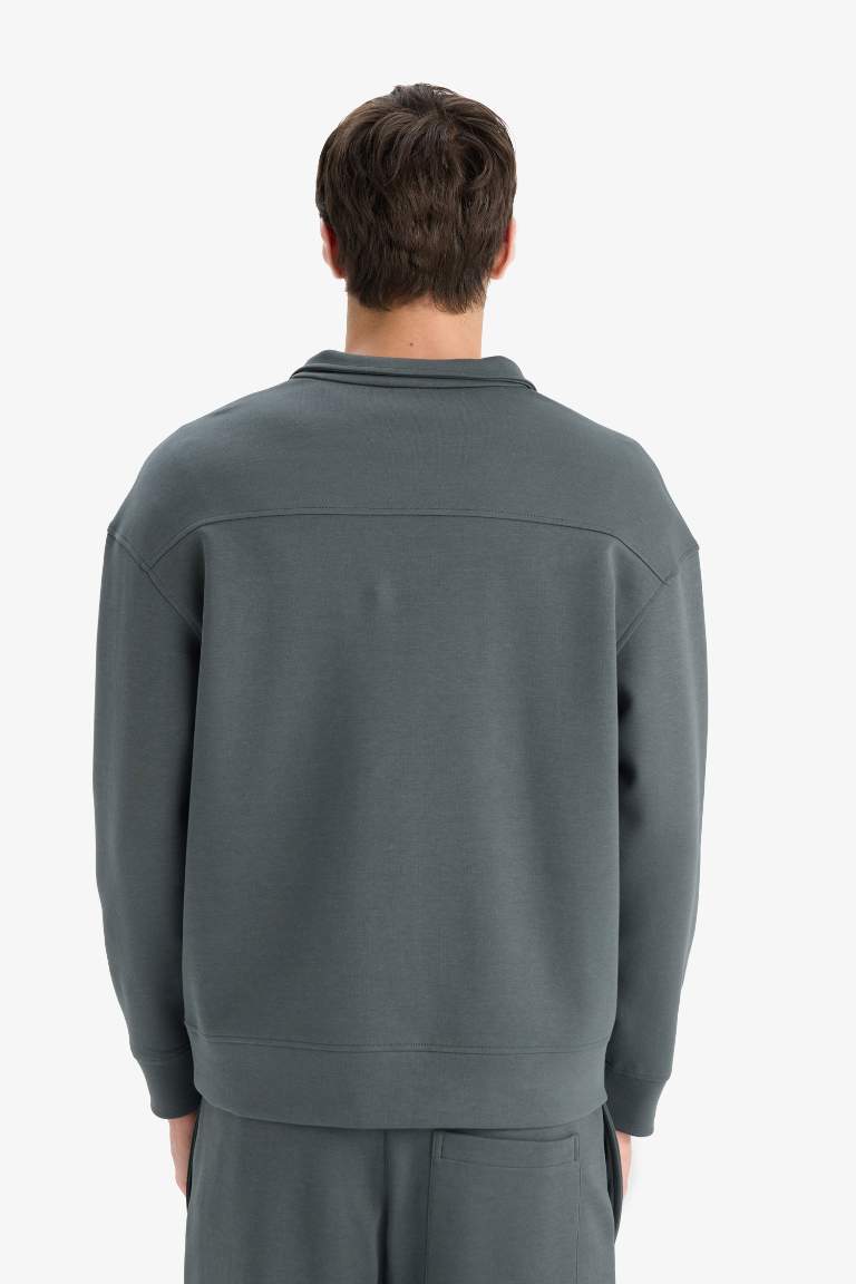 Boxy Fit Half Zippered Scuba Fabric Sweatshirt