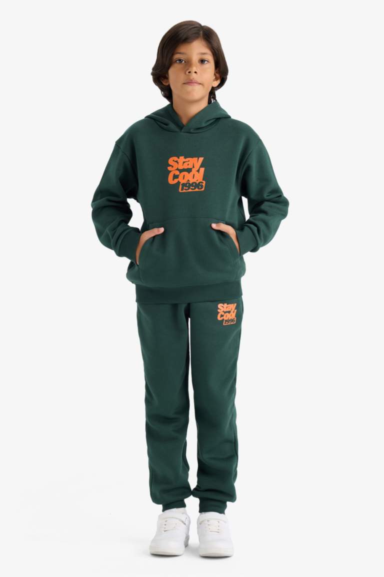 سروال رياضي أولاد بطبعة شعار قماش سميك قصة عادية بخصر مطاطي