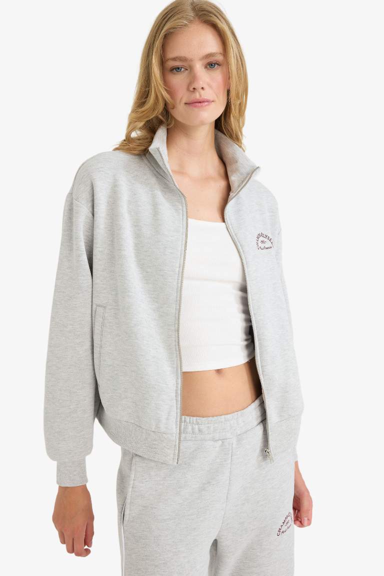 Relax Fit Yarım Balıkçı Yaka Baskılı Kalın Fermuarlı Sweatshirt