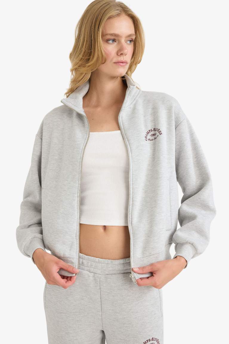 Relax Fit Yarım Balıkçı Yaka Baskılı Kalın Fermuarlı Sweatshirt