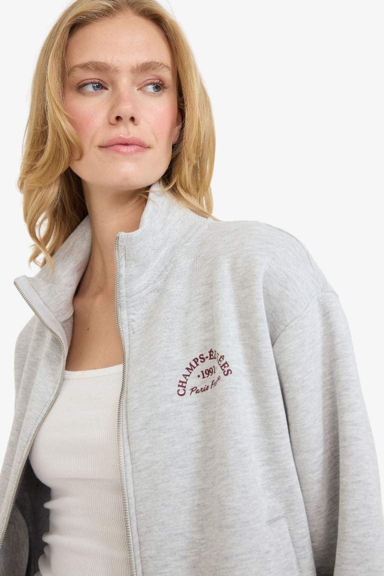 Relax Fit Yarım Balıkçı Yaka Baskılı Kalın Fermuarlı Sweatshirt
